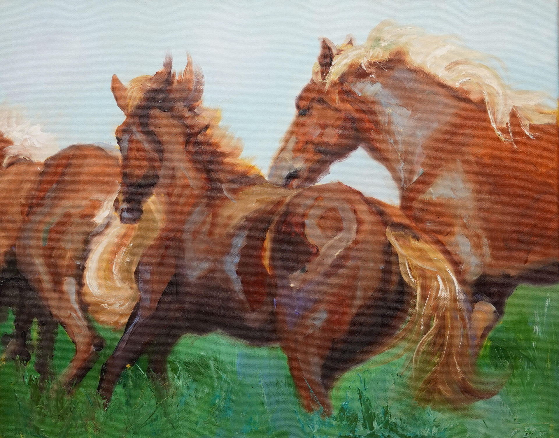drie bruine paarden schlderij Corry van Hoorn