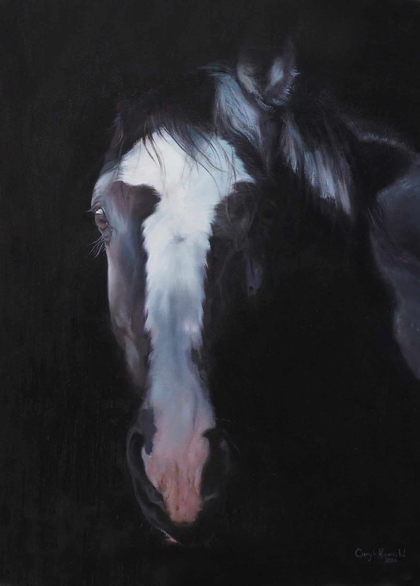 zwart wit paard close up schilderij corry van hoorn
